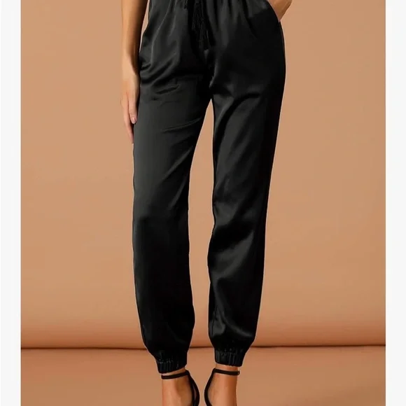 Allegra K Black Satin Pants Drawstring Elastic Waist Straight Leg Joggers - L - Picture 2 of 9